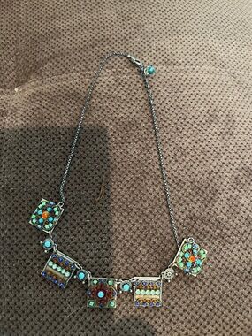 Multicolor Enamel Tile Necklace with Turquoise & Red Accents sterling silver 16”